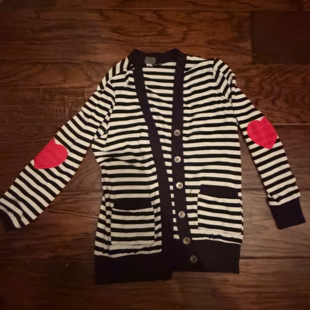 Poof Girl Kids Striped Black & White Cardigan with Red Heart Elbow Patches - Picture 5 of 7